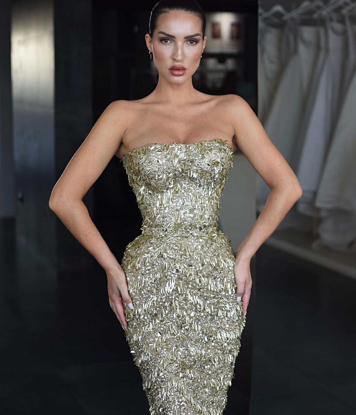 Lia Stublla Gold embellished corset gown
