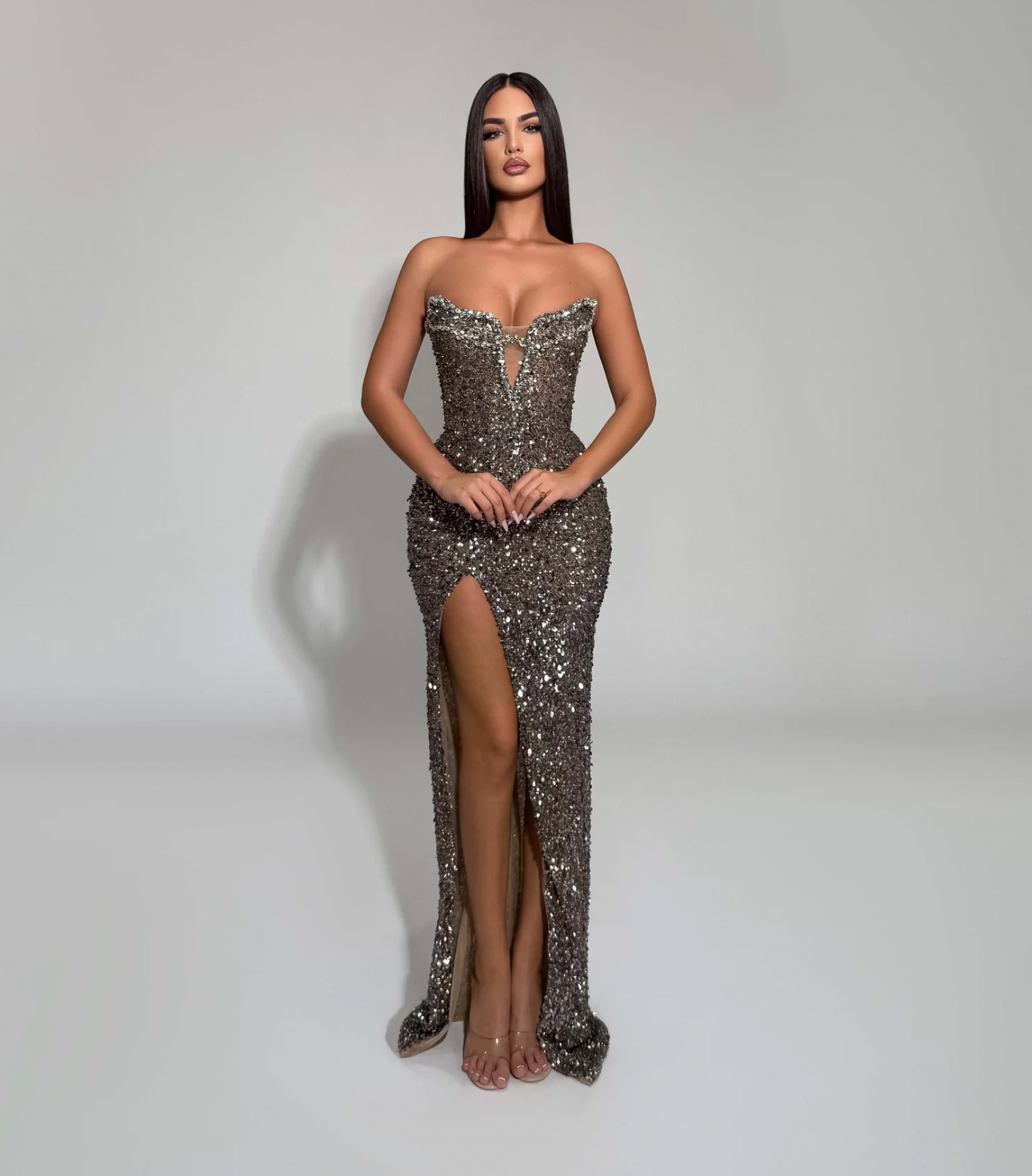 Tabja Bronze Sequin Strapless Gown