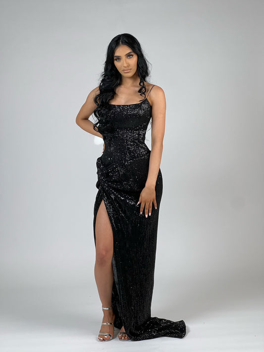 Lia Stublla black sequin corset gown