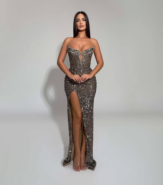 Tabja Bronze Sequin Strapless Gown